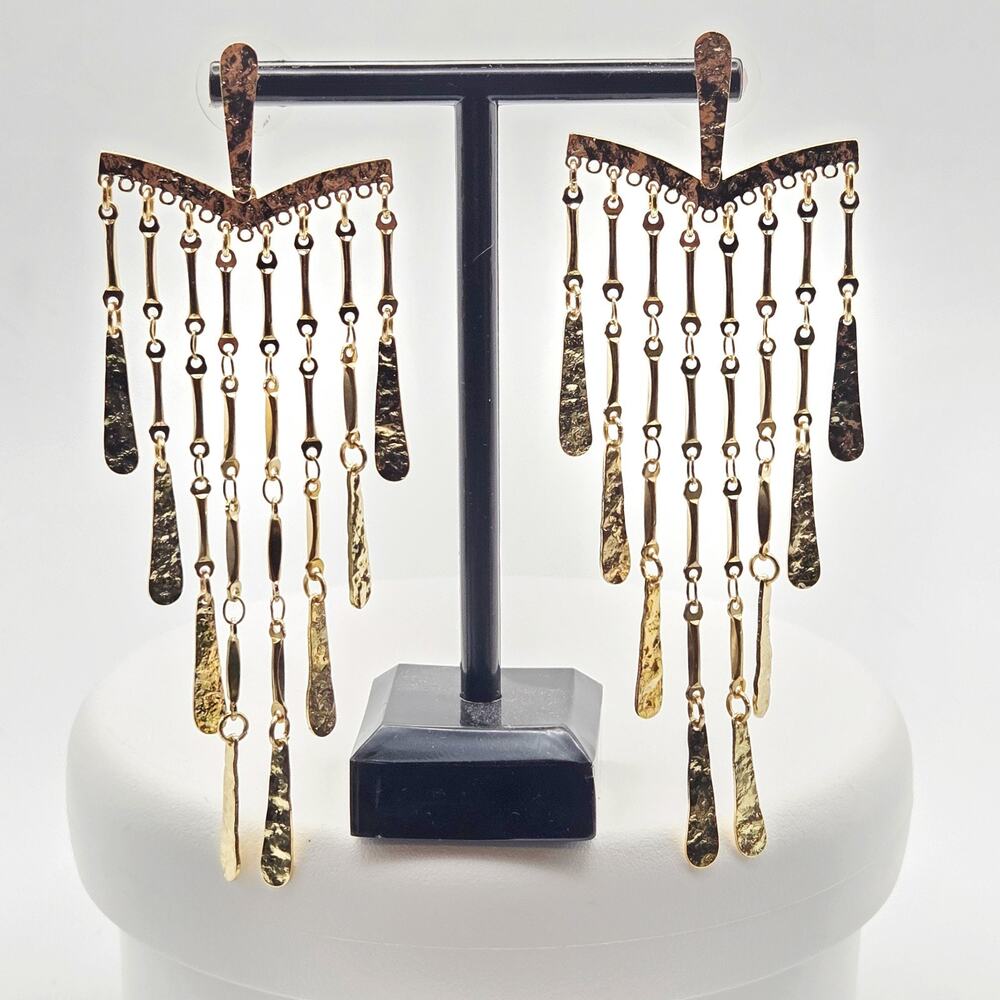 Anthropologie Hammered Chandelier Drop Earrings Gold Tone Gorgeous Rare Find